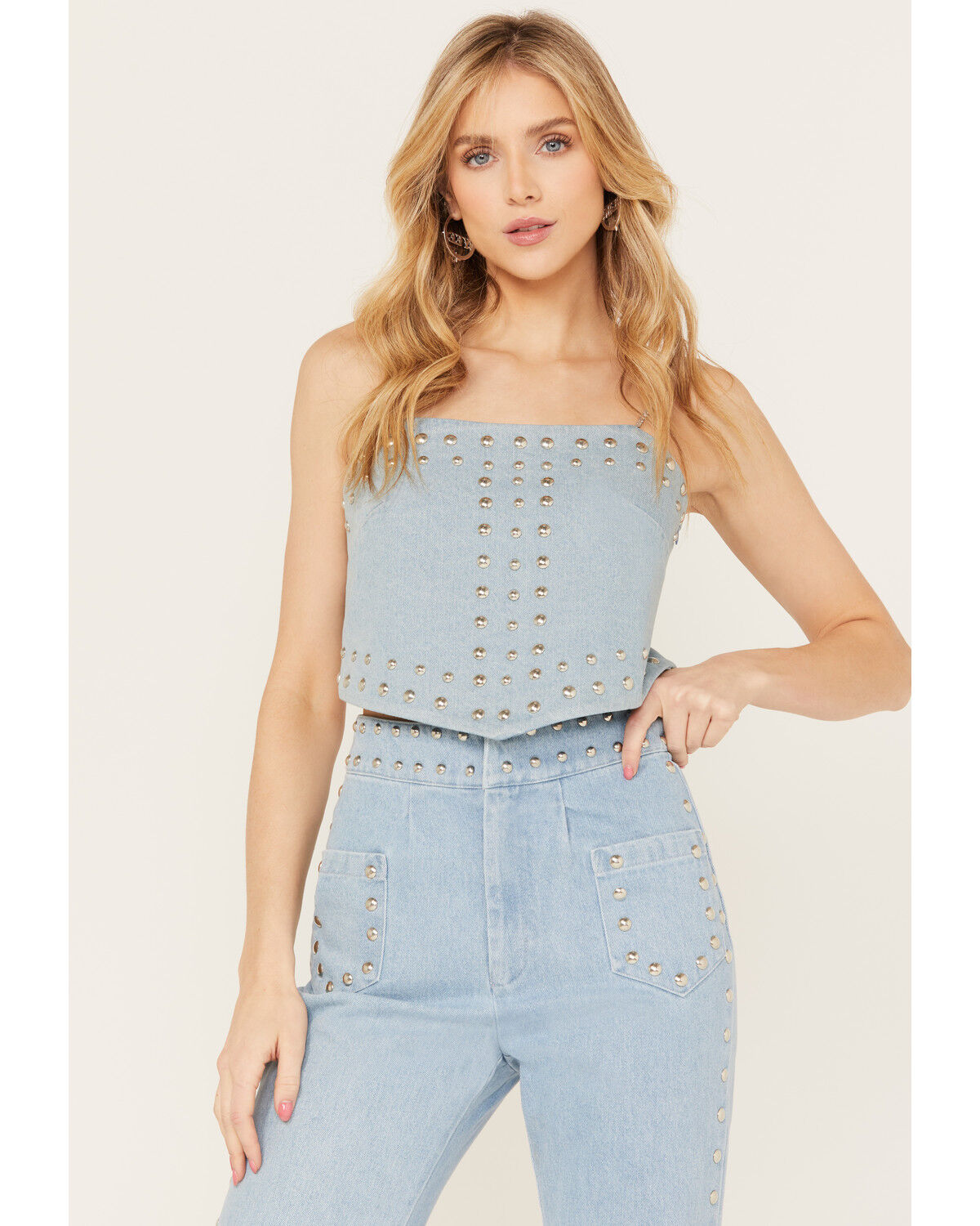 Image #1 - Understated Leather Women's Bluegrass Rhinestone Denim Crop Top, Blue, hi-res