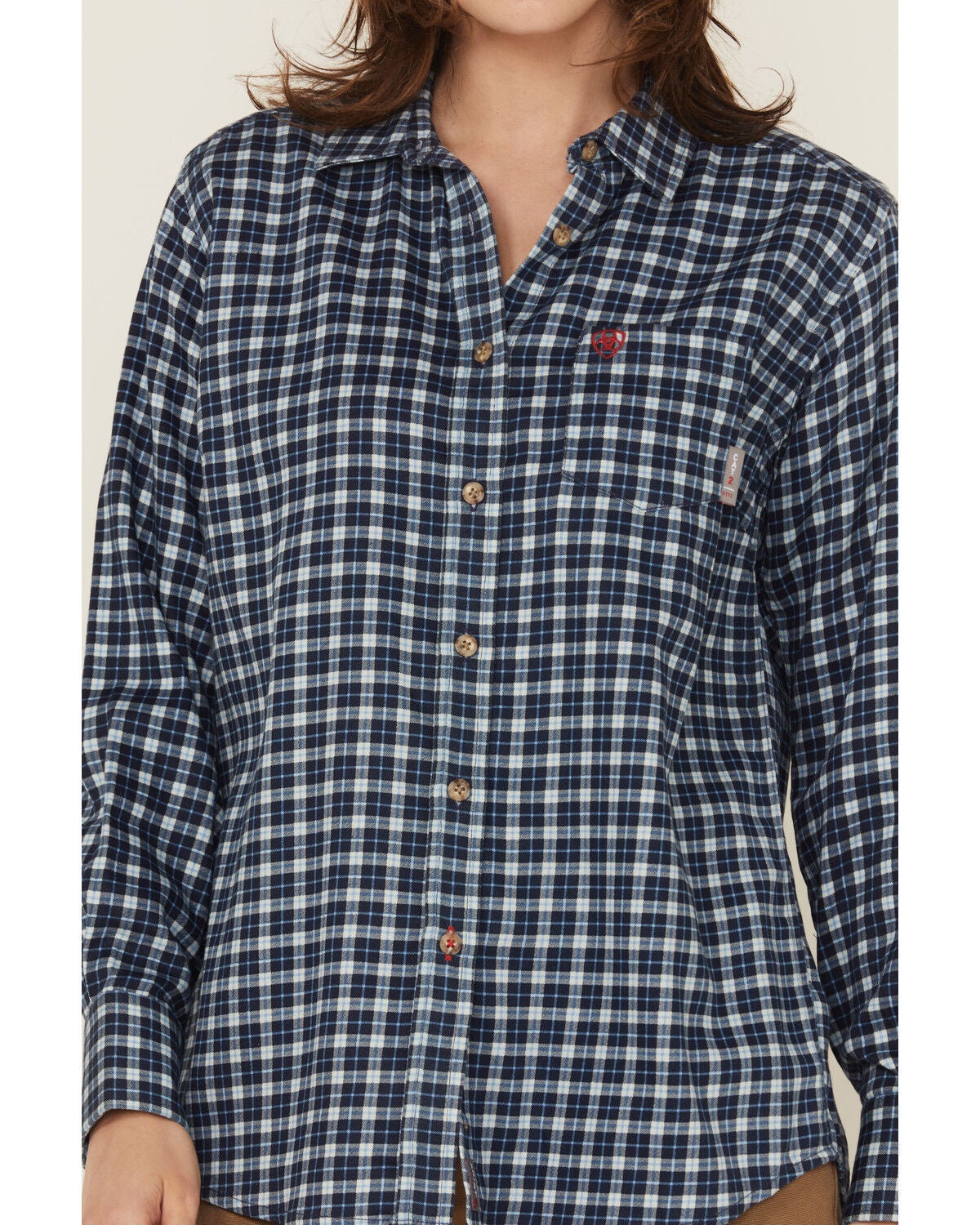 Image #3 - Ariat Women's FR Angeles Plaid Print Long Sleeve Button-Down Work Shirt, Navy, hi-res