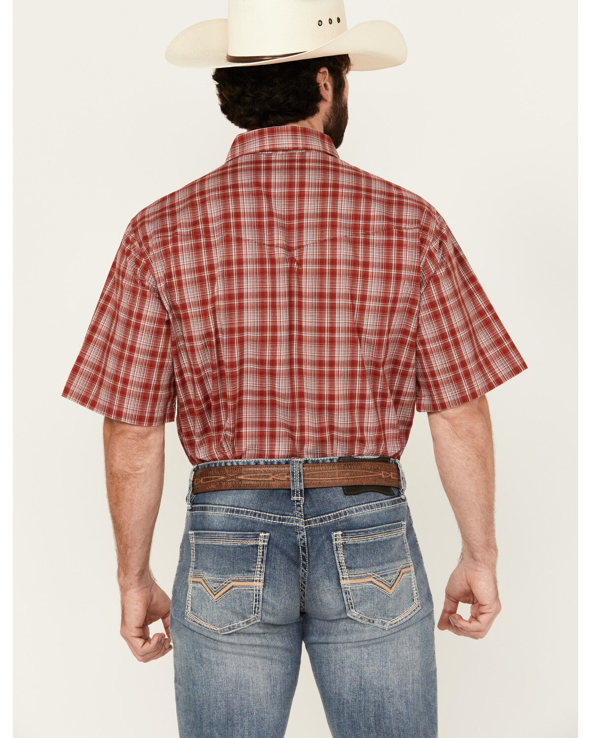 Image #4 - Wrangler Men's Plaid Print Short Sleeve Snap Stretch Western Shirt, Red, hi-res