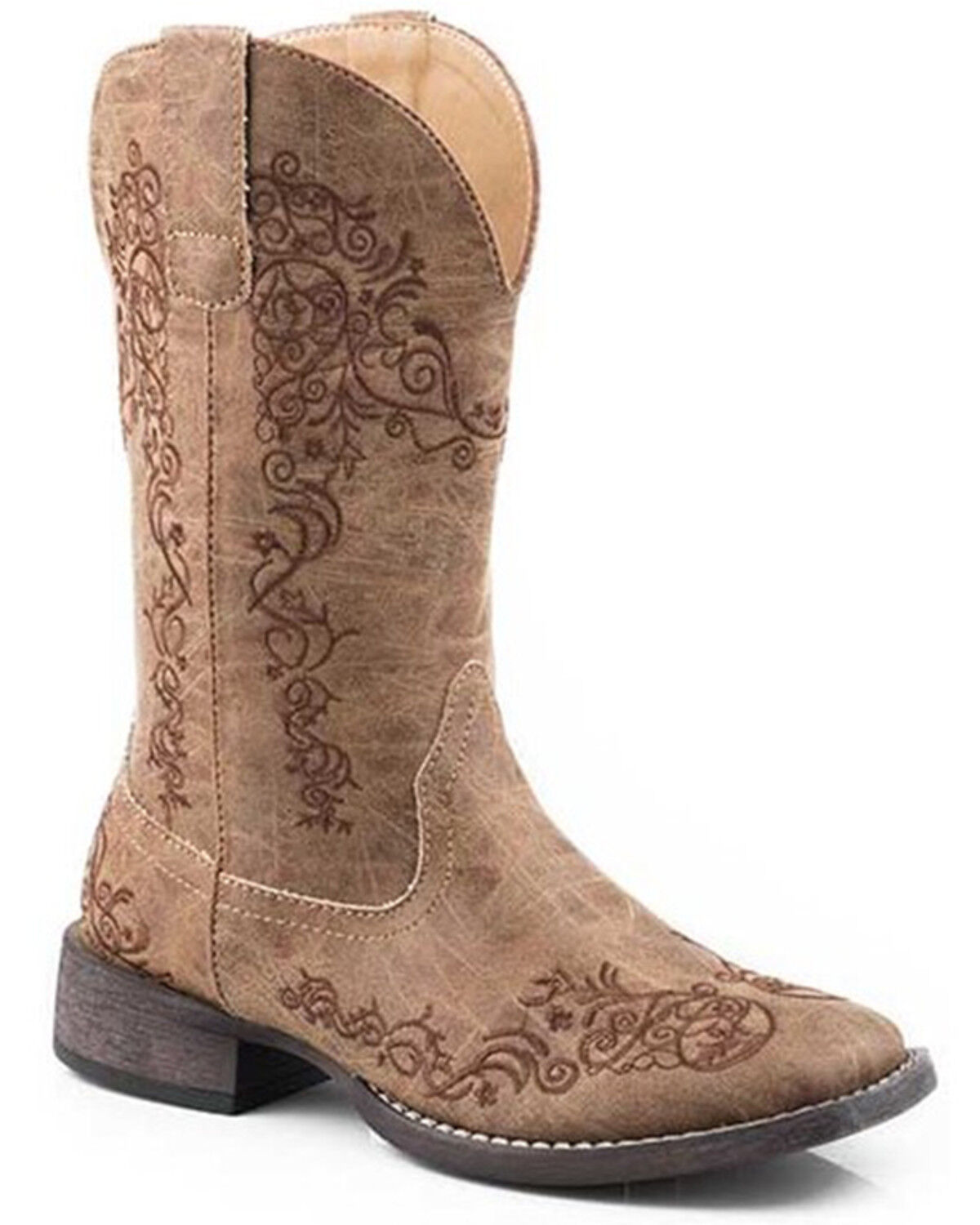 Image #1 - Roper Women's Riley Scroll Vintage Faux Performance Western Boots - Square Toe, Tan, hi-res