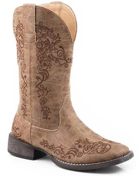 Roper Women's Riley Scroll Vintage Faux Performance Western Boots - Square Toe , Tan, hi-res