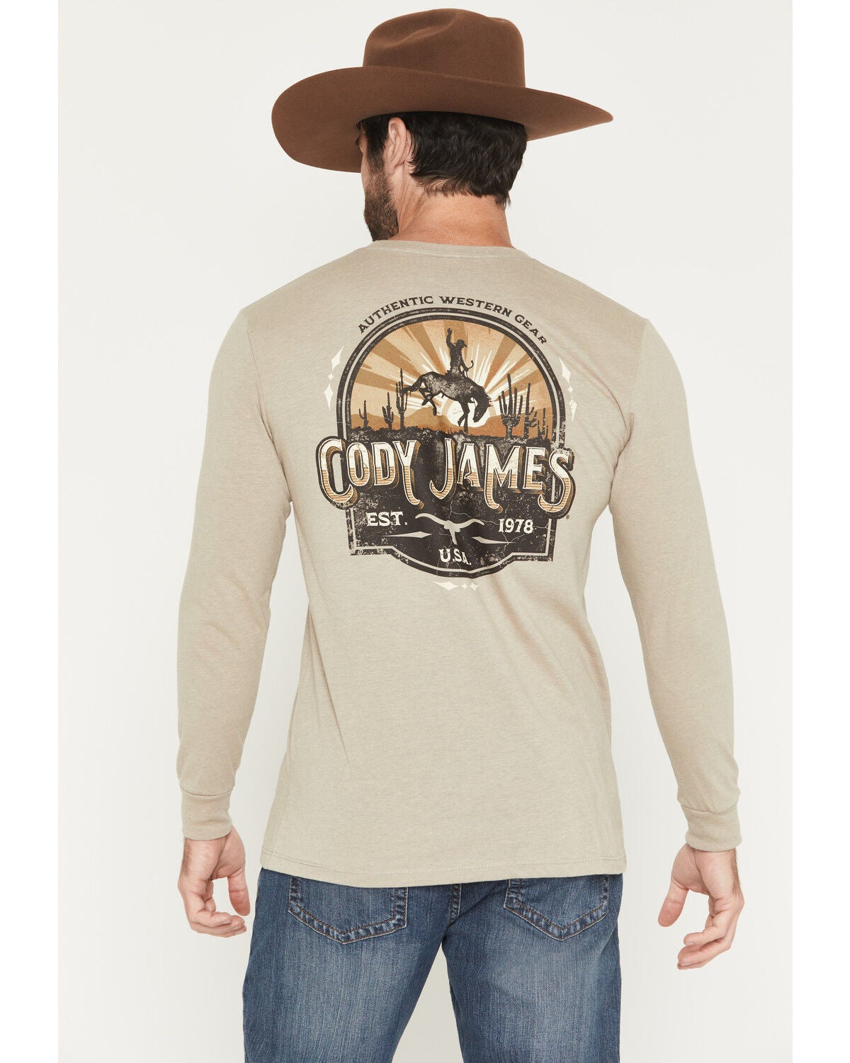 Cody James Men's Cowboy Sunset Long Sleeve Graphic T-Shirt, Tan, hi-res