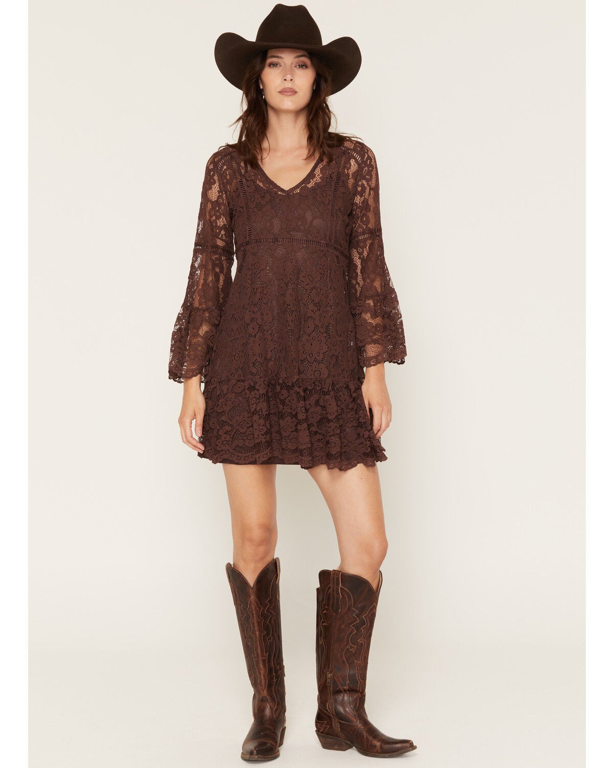 Scully Women's Lace Crochet Long Bell Sleeve Mini Dress, Chocolate, hi-res