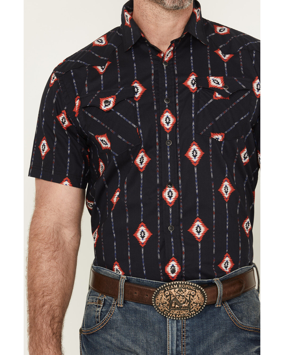 Image #3 - Panhandle Men's Geo Print Short Sleeve Snap Western Shirt, Black, hi-res