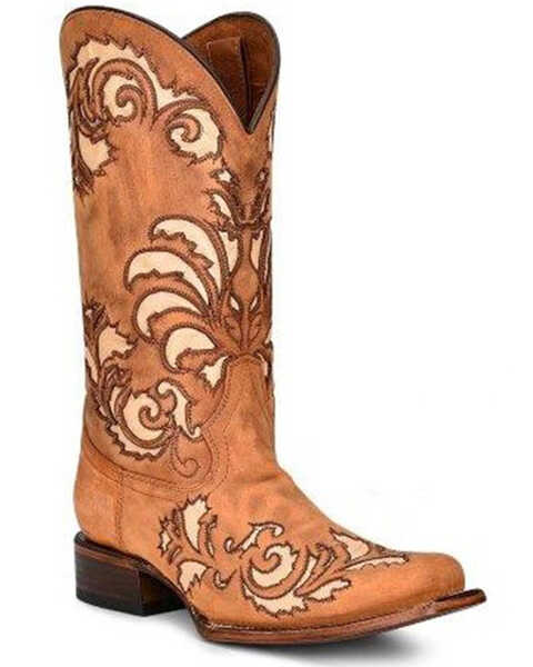 Image #1 - Corral Women's Honey Inlay & Embroidery Tall Western Boots - Square Toe, Honey, hi-res