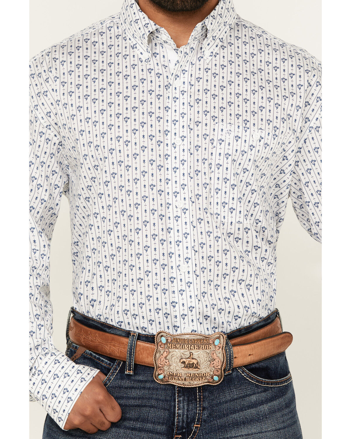 Image #3 - George Strait by Wrangler Men's Floral Striped Long Sleeve Button-Down Stretch Western Shirt, White, hi-res