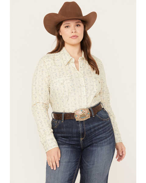 Roper Women's Floral Print Long Sleeve Pearl Snap Western Shirt - Plus, Cream, hi-res