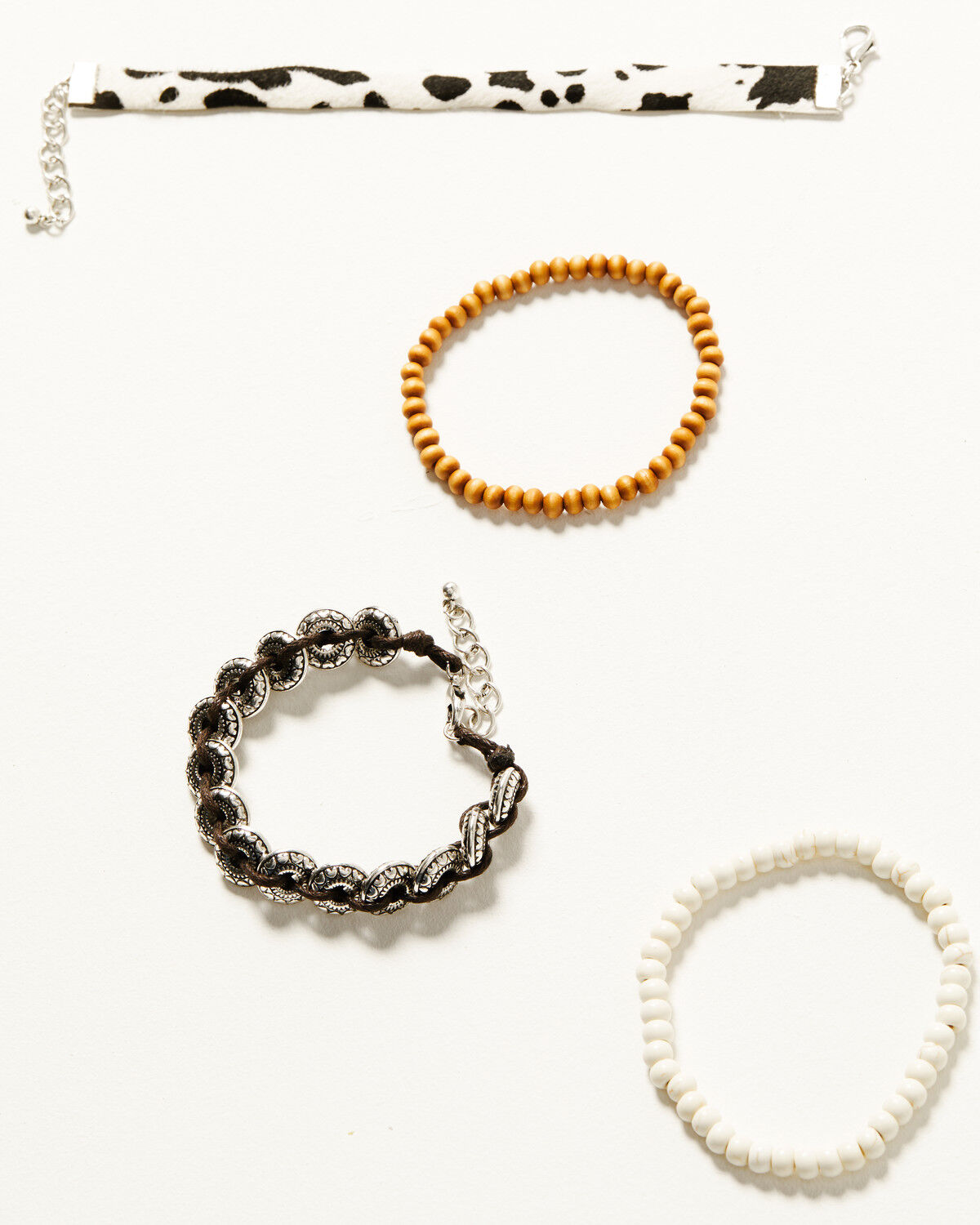 Image #1 - Shyanne Women's Braided Concho Cow Print Beaded Bracelet Set - 4-Piece, Silver, hi-res