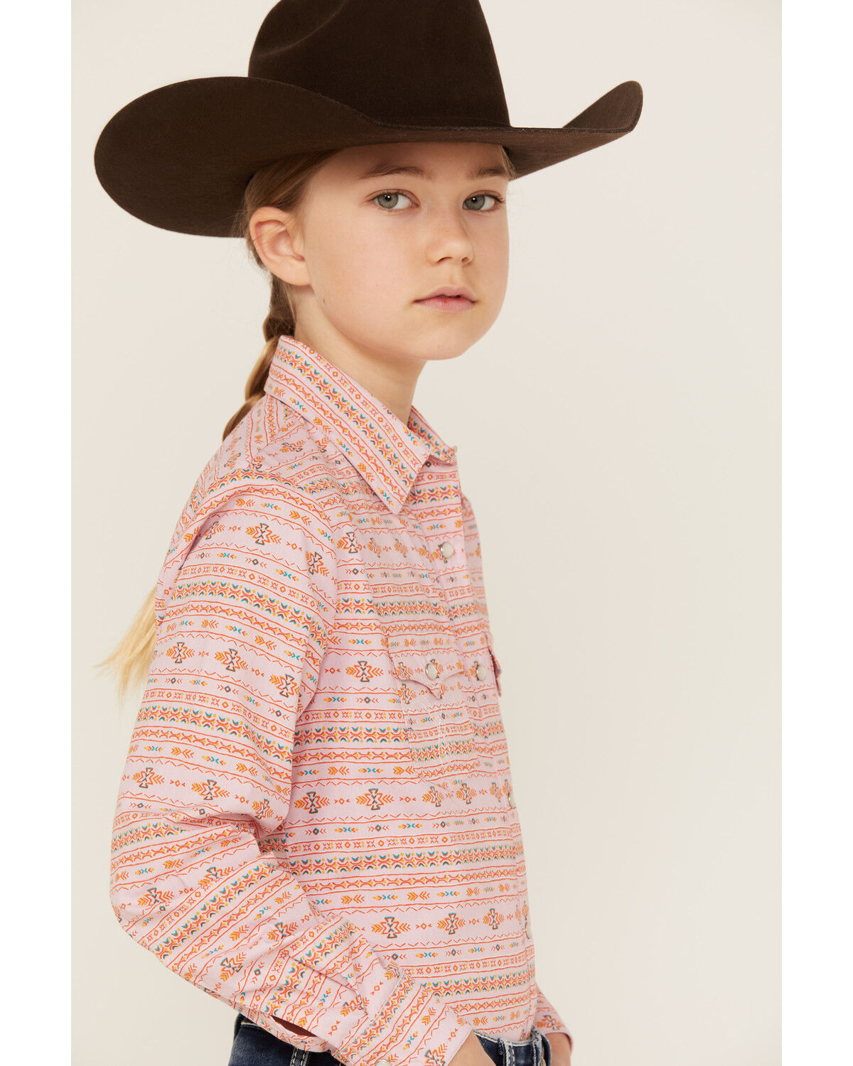 Image #2 - Panhandle Girls' Southwestern Print Long Sleeve Pearl Snap Western Shirt, Pink, hi-res