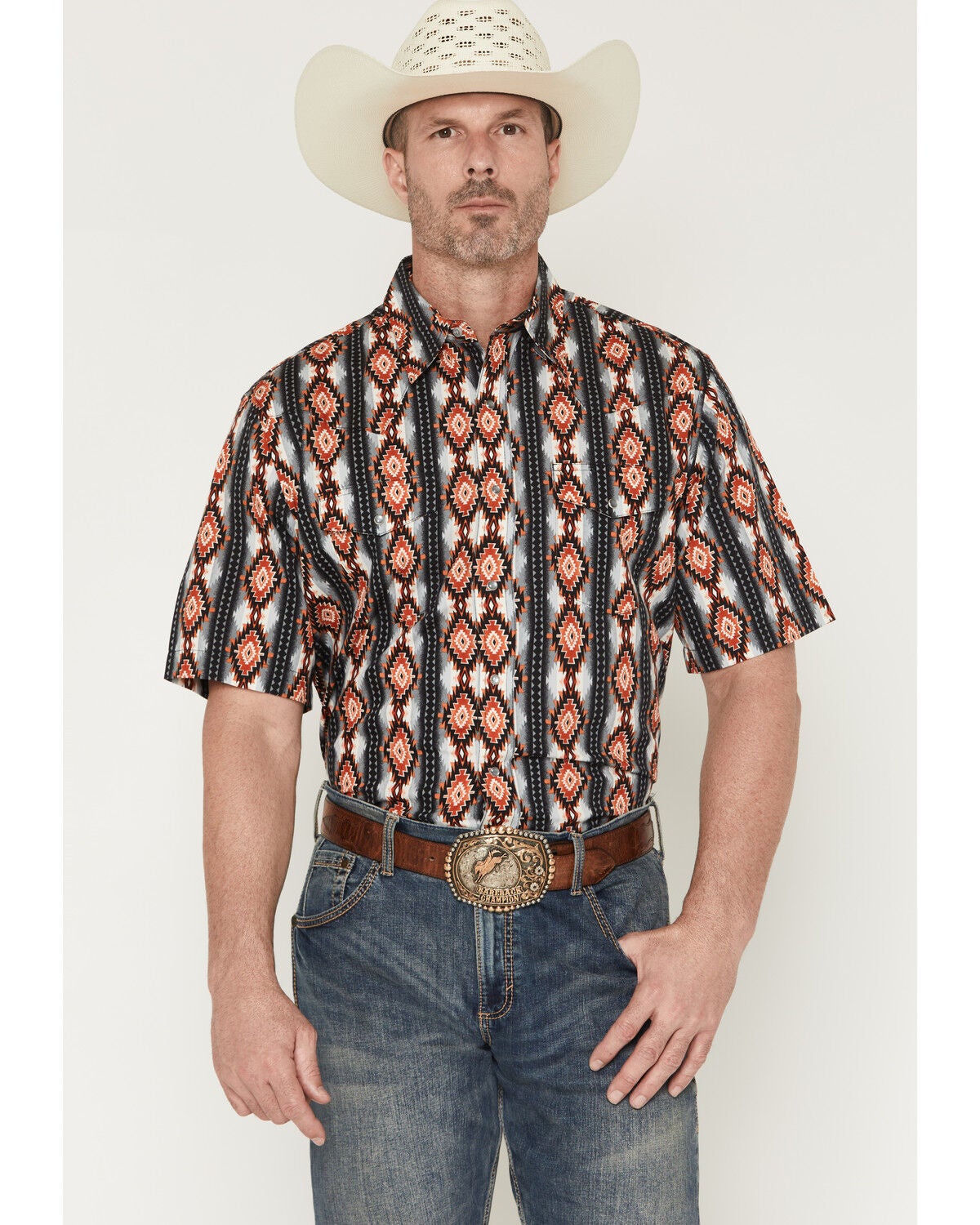 Wrangler Men's Checotah Southwestern Striped Short Sleeve Pearl Snap Western Shirt, Black, hi-res
