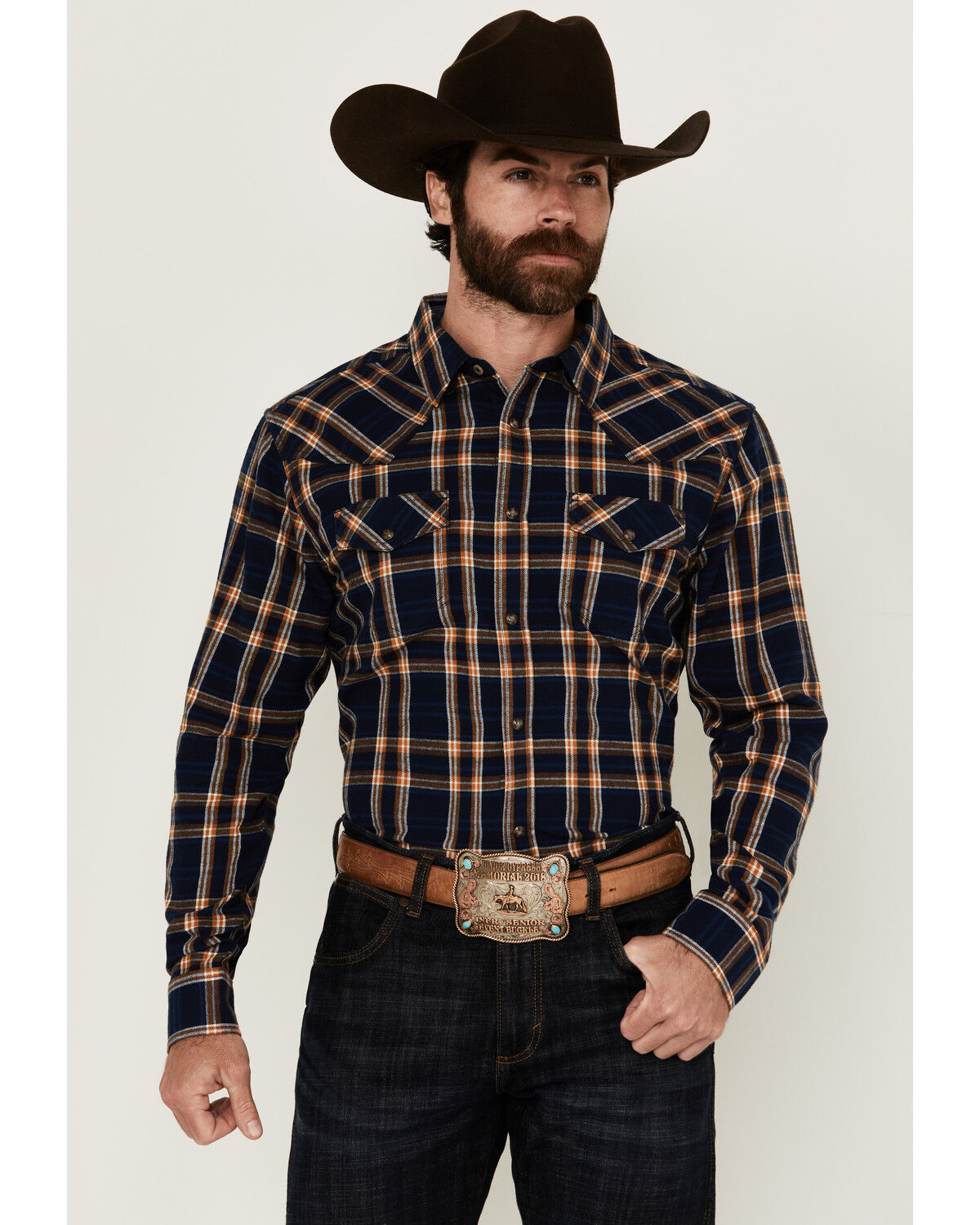 Image #1 - Cody James Men's Tombstone Plaid Print Long Sleeve Snap Western Shirt, Navy, hi-res