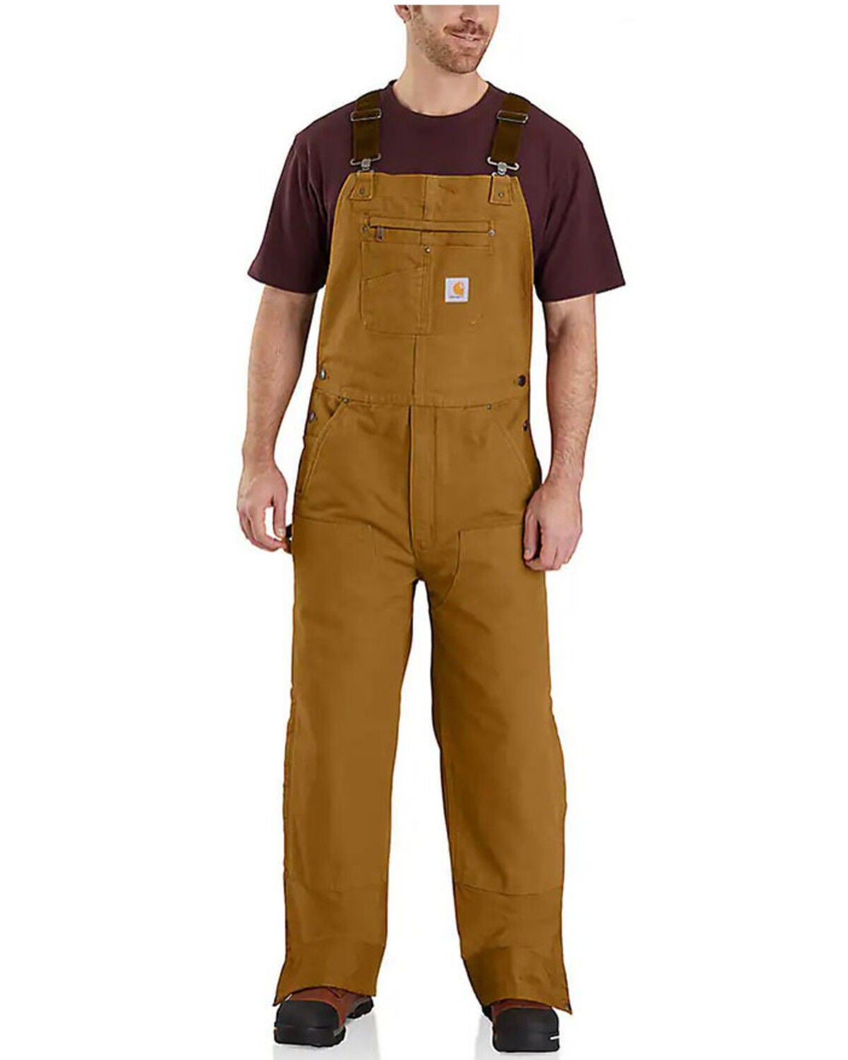 Carhartt Men's Quilt Lined Washed Bib Work Overalls, Brown, hi-res