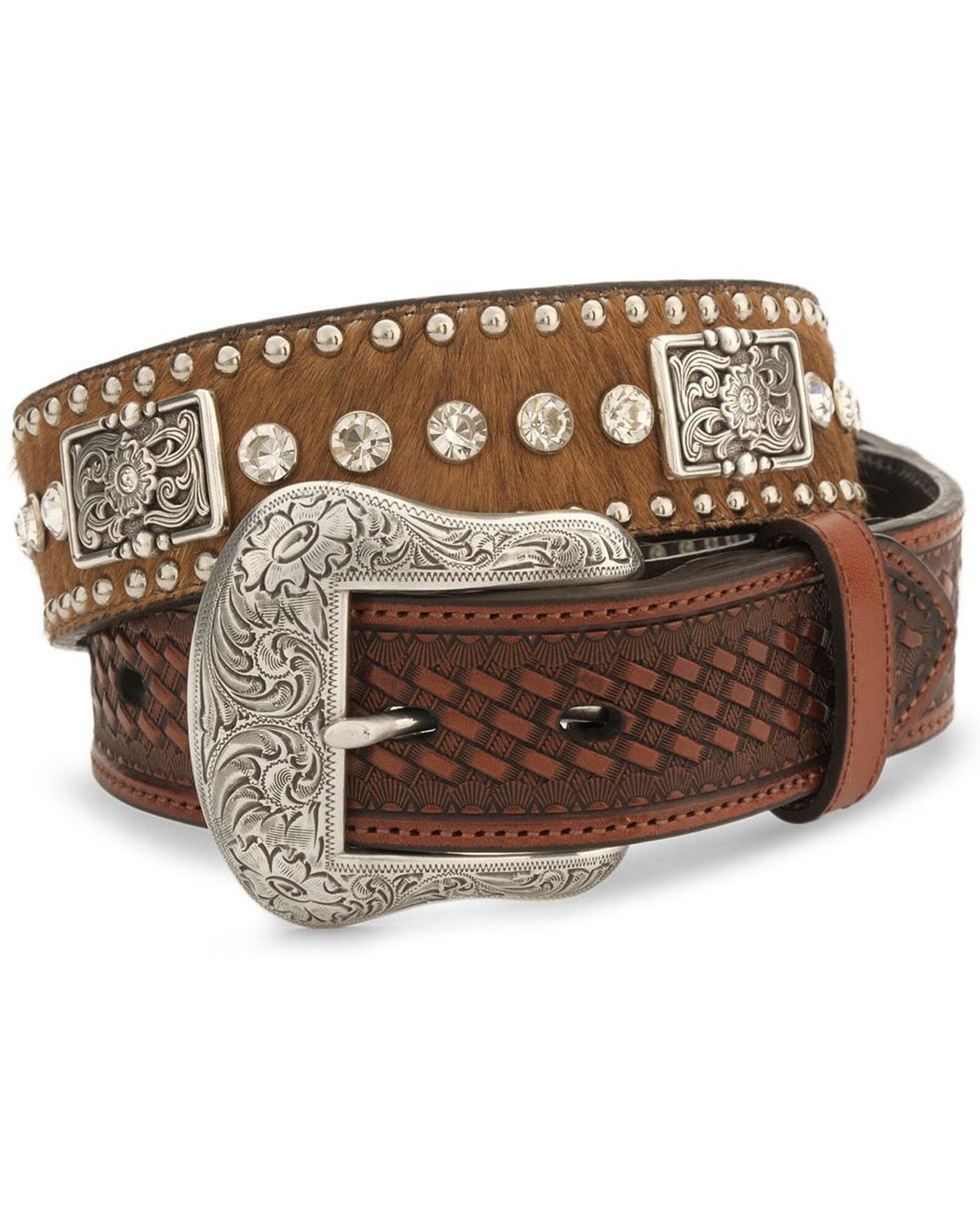 Nocona Men s Crystal Studded Hair On Hide Leather Belt Reg Big Sheplers