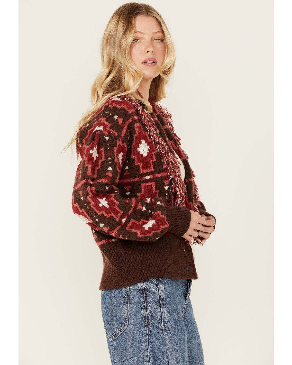 Image #3 - Shyanne Women's Cropped Southwestern Print Fringe Sweater, Mahogany, hi-res