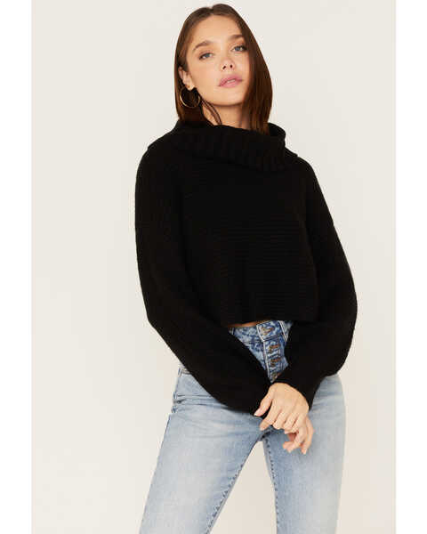 Revel Women's Cowl Neck Surplice Cropped Sweater, Black, hi-res