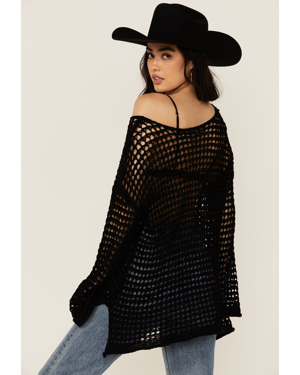 Image #4 - POL Women's Open Crochet Sweater, Black, hi-res