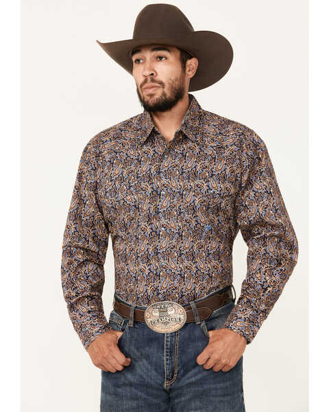 Image #1 - Roper Men's Amarillo Paisley Print Long Sleeve Snap Western Shirt, Navy, hi-res