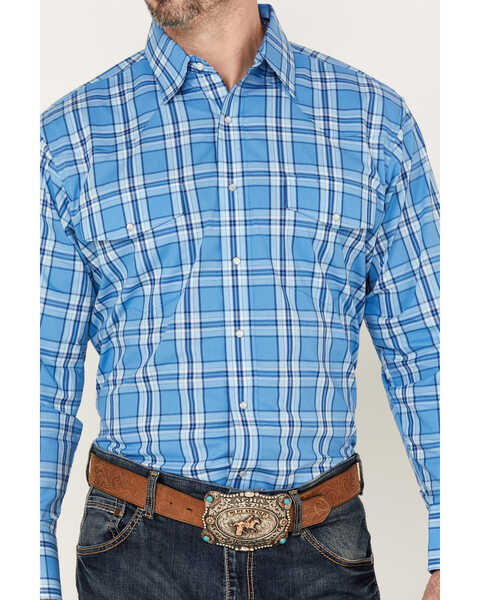 Image #3 - Wrangler Men's Plaid Print Long Sleeve Pearl Snap Western Shirt, Blue, hi-res