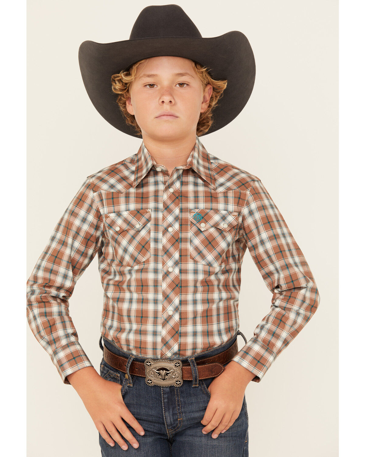 Image #1 - Wrangler Retro Boys' Plaid Print Long Sleeve Snap Western Shirt, Brown, hi-res