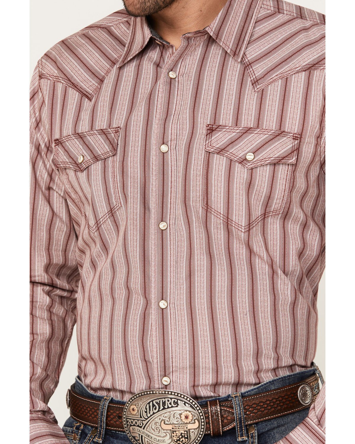 Image #3 - Moonshine Spirit Men's Red Canyon Striped Long Sleeve Pearl Snap Western Shirt, Burgundy, hi-res
