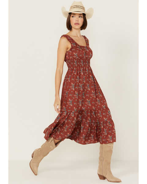 Image #1 - Rock & Roll Denim Women's Sleeveless Floral Print Midi Dress , Chocolate, hi-res