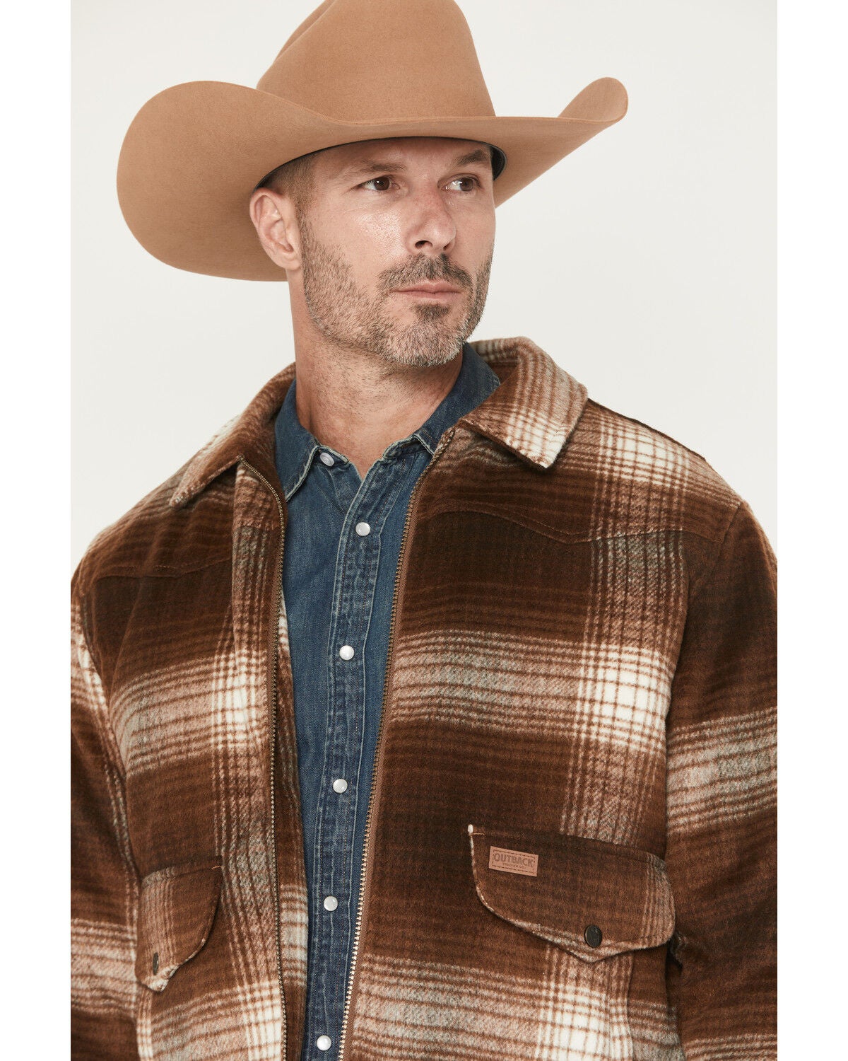 Image #2 - Outback Trading Co Men's Silas Plaid Print Zip-Up Concealed Carry Jacket, Brown, hi-res