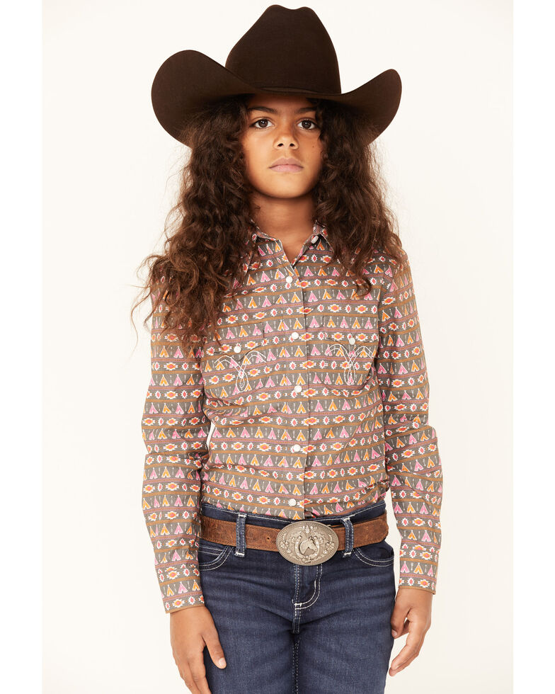 Rock & Roll Denim Girls' Teepee Stripe Long Sleeve Western Shirt, Grey, hi-res