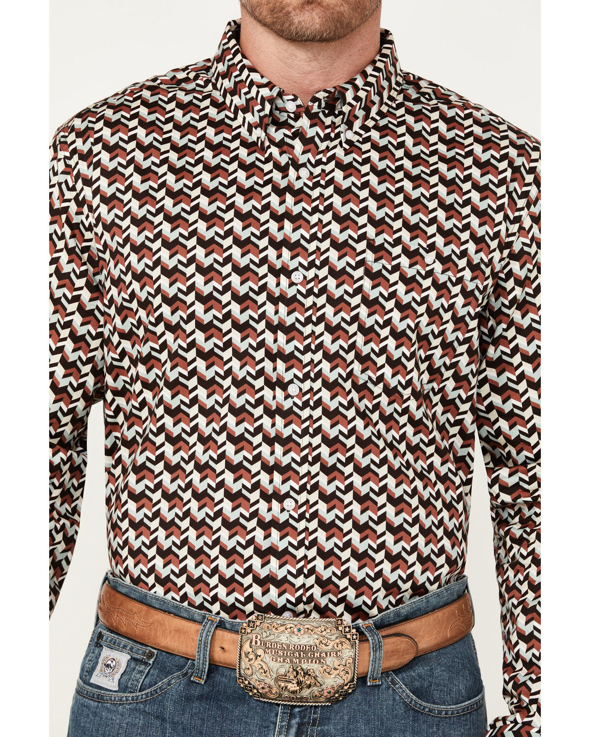 Image #2 - RANK 45® Men's Chevron Geo Print Long Sleeve Button-Down Stretch Western Shirt, Sage, hi-res