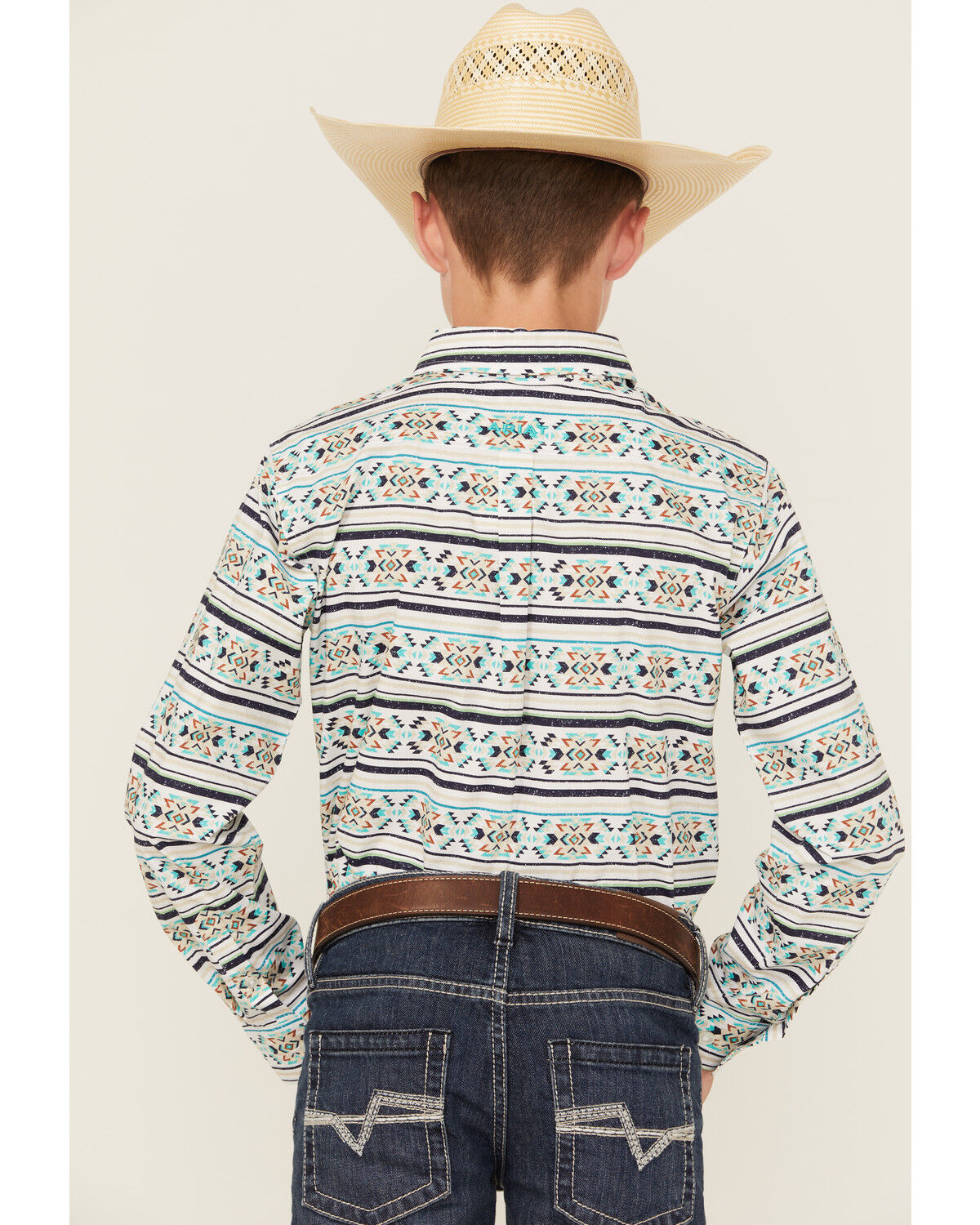 Image #4 - Ariat Boys' Southwestern Print Long Sleeve Button-Down Western Shirt, Teal, hi-res
