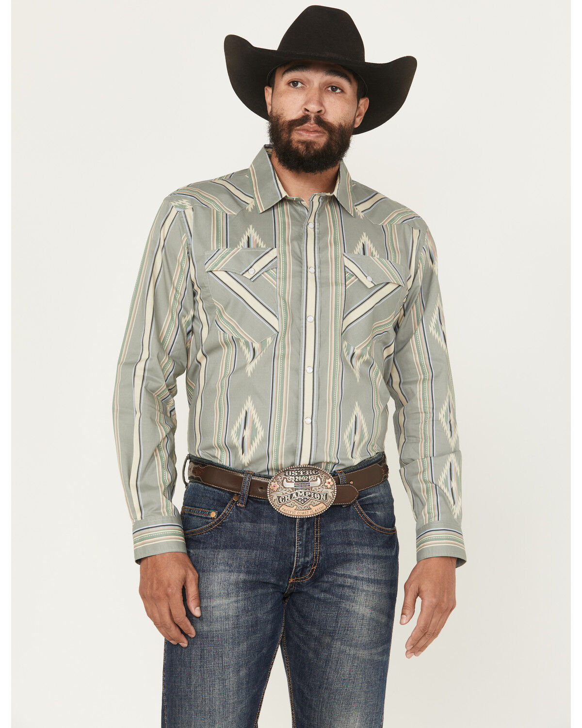 Image #1 - Panhandle Slim Men's Southwestern Striped Print Long Sleeve Snap Western Shirt, Sage, hi-res
