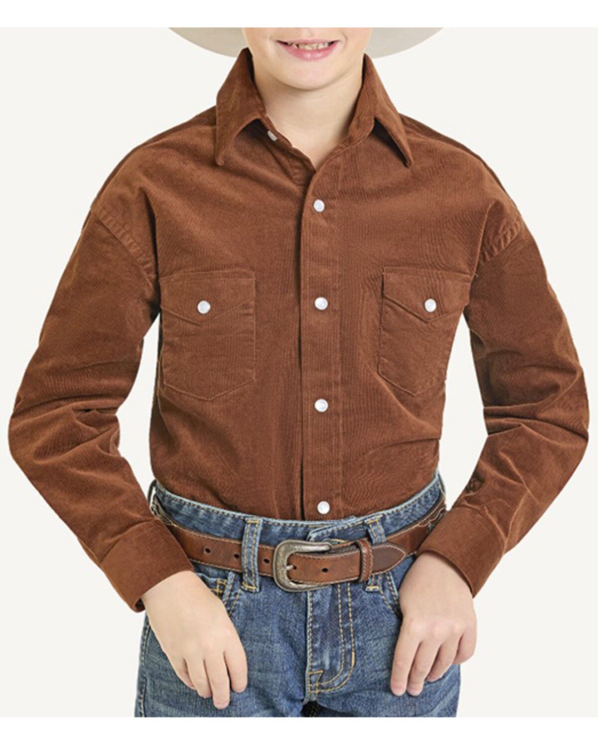 Panhandle Slim Boys' Solid Corduroy Long Sleeve Snap Western Shirt, Brown, hi-res