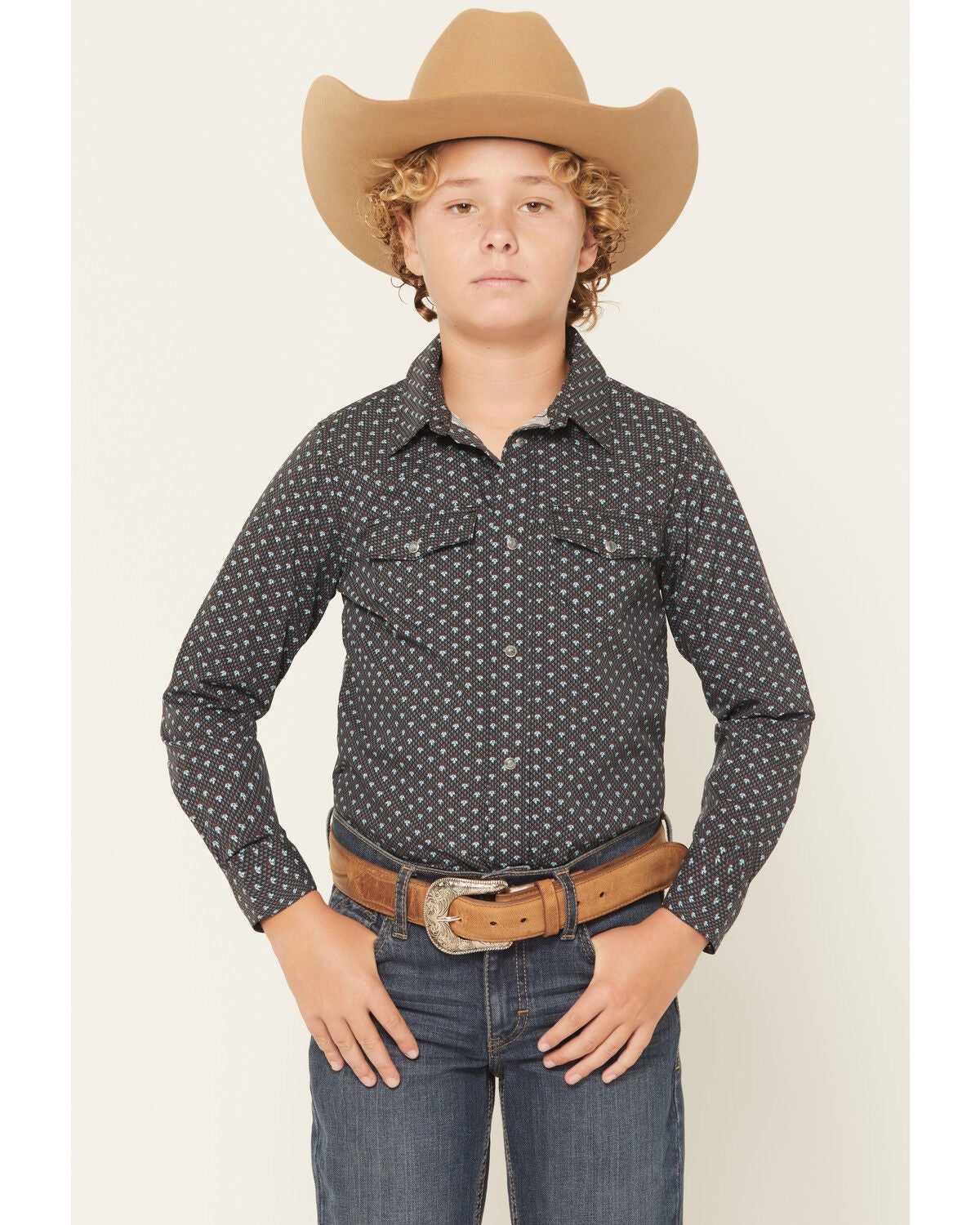 Gibson Trading Co Boys' Moonflower Geo Print Long Sleeve Snap Western Shirt, Black, hi-res