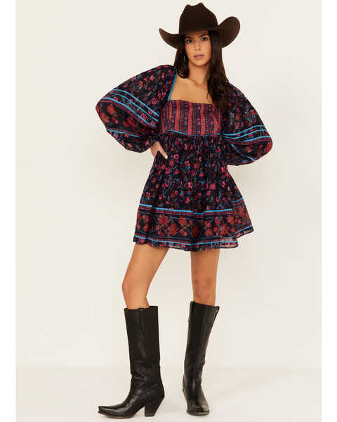 Image #1 - Free People Women's Endless Afternoon Long Sleeve Mini Dress , Navy, hi-res
