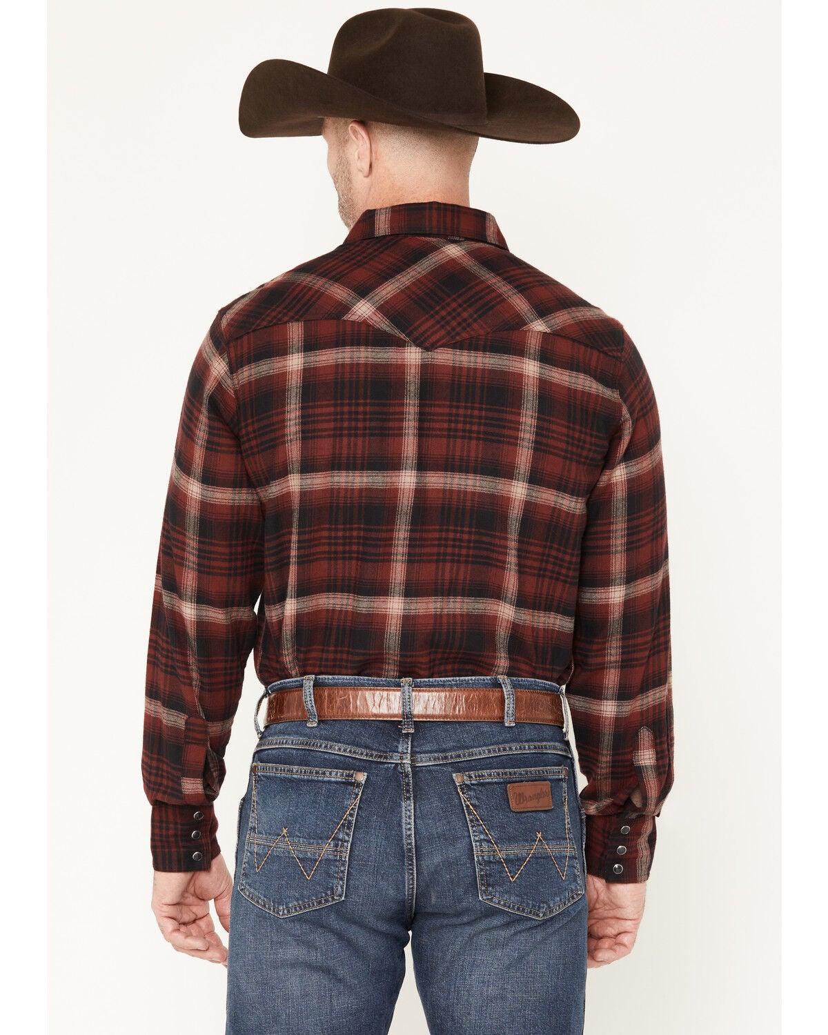 Image #4 - Wrangler Retro Men's Plaid Print Long Sleeve Snap Flannel Shirt, Burgundy, hi-res