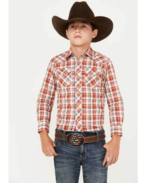 Image #1 - Wrangler Retro Boys' Plaid Print Long Sleeve Snap Western Shirt, Red, hi-res