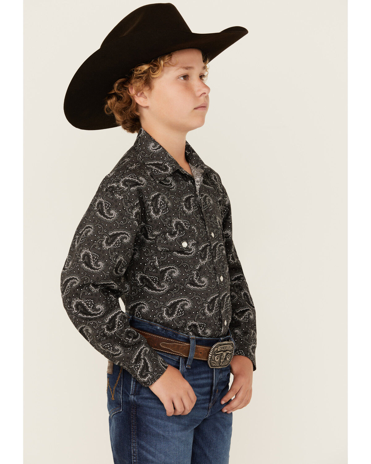 Image #2 - Rock & Roll Denim Boys' Paisley Print Long Sleeve Pearl Snap Western Shirt, Grey, hi-res