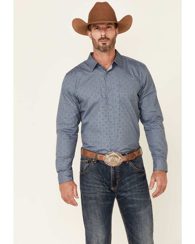 Gibson Men's Dame Small Geo Print Long Sleeve Button-Down Western Shirt, Medium Blue, hi-res