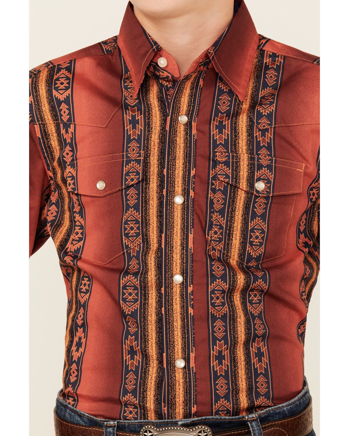 Image #3 - Wrangler Boys' Southwestern Striped Long Sleeve Pearl Snap Western Shirt, Rust Copper, hi-res