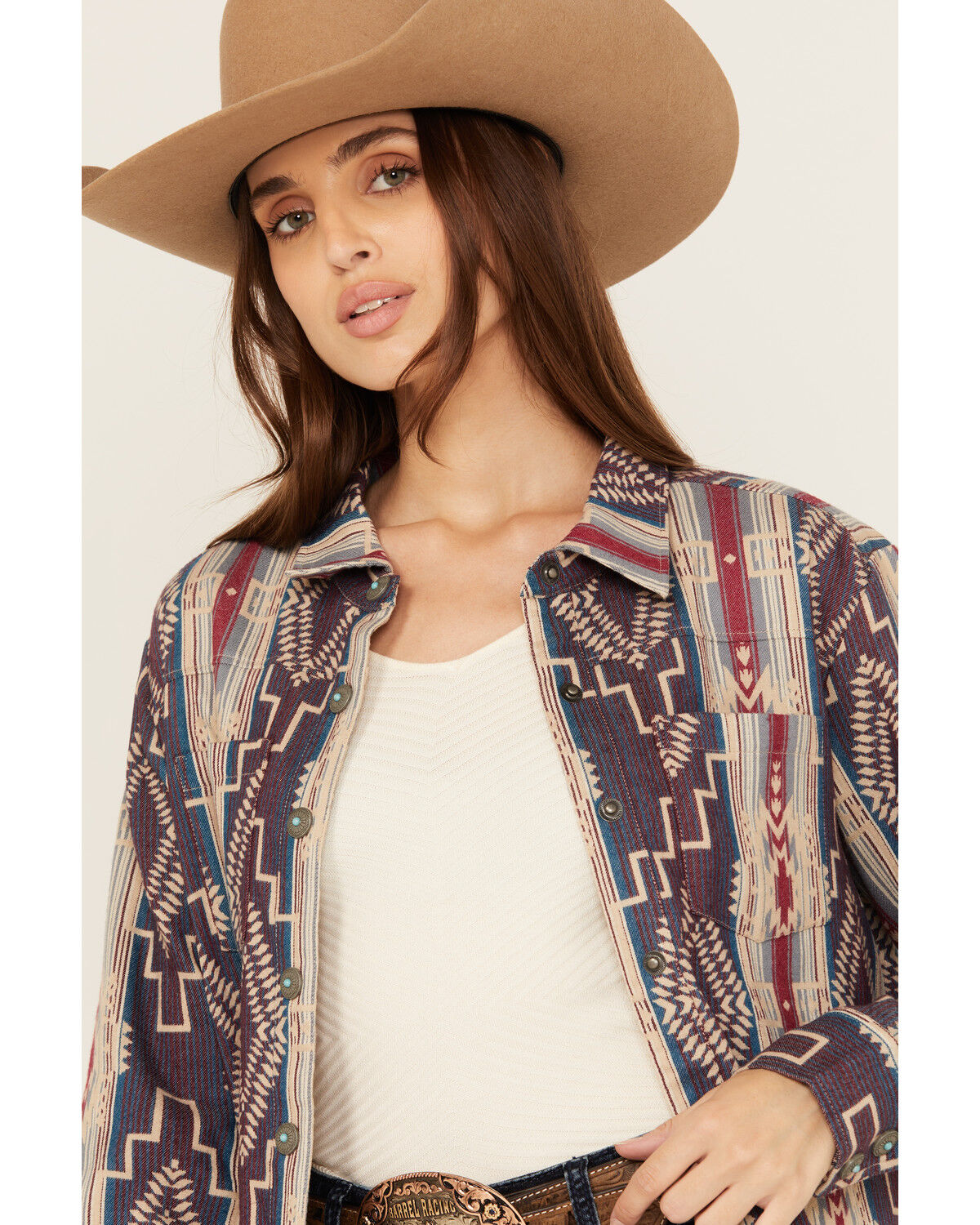 Image #2 - Shyanne Women's Southwestern Striped Long Sleeve Concho Snap Western Shirt, Fuchsia, hi-res