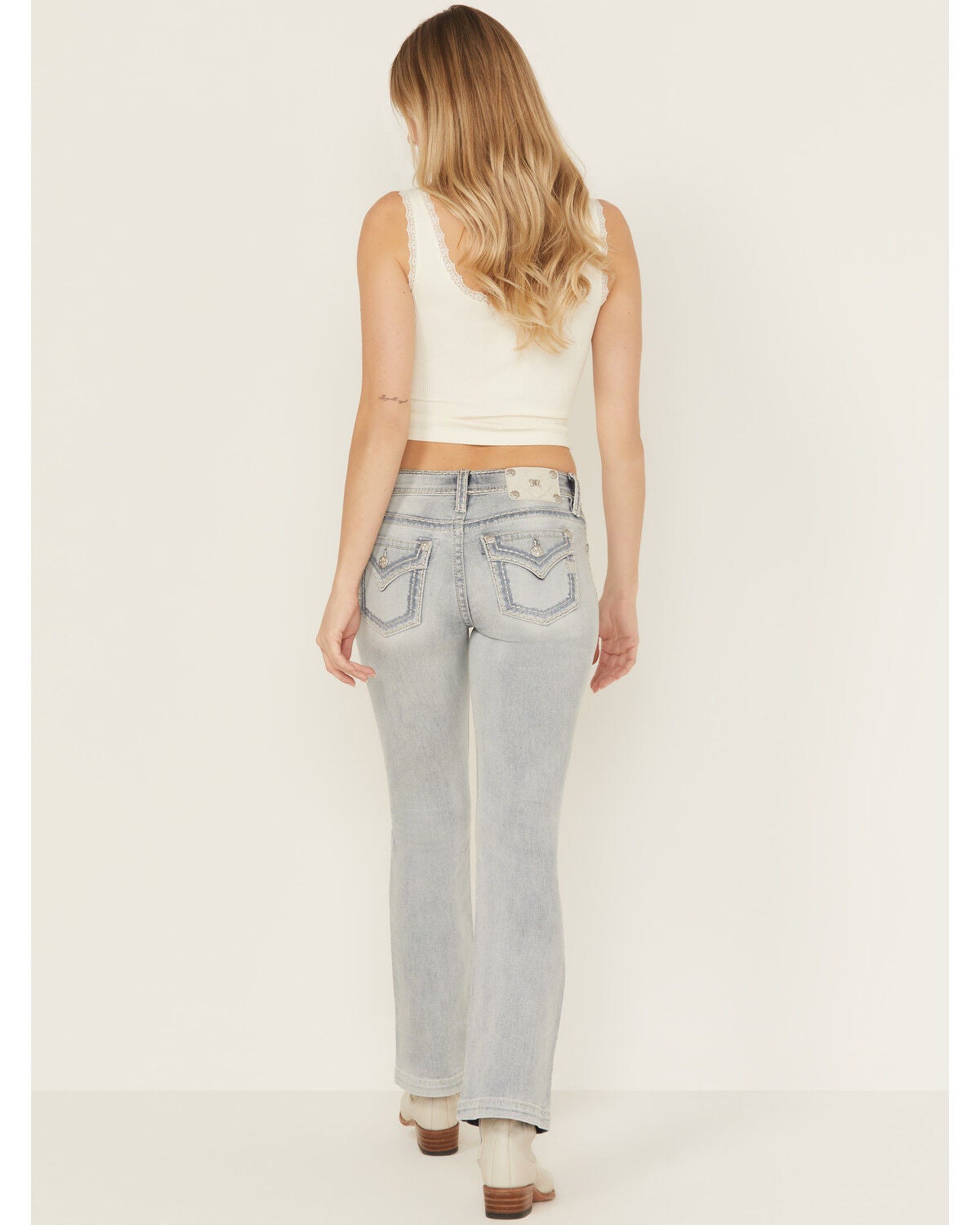 Image #1 - Miss Me Women's Light Wash Mid Rise 32" Bootcut Stretch Denim Jeans, Light Wash, hi-res