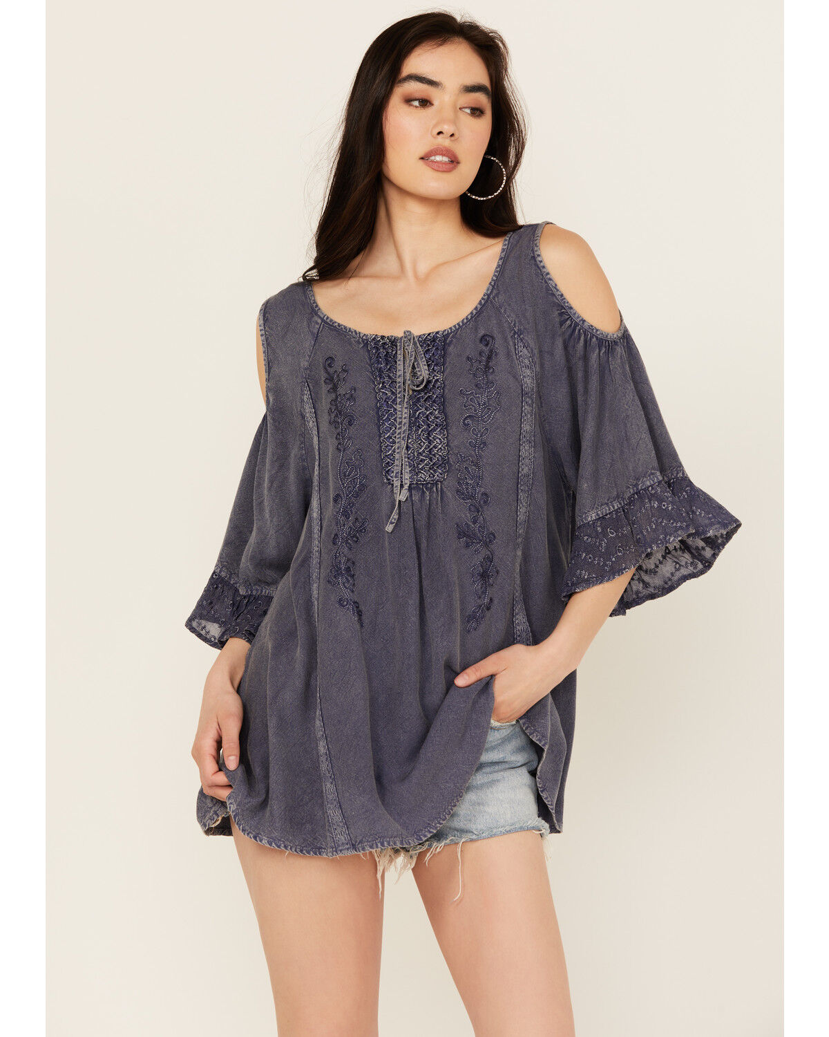 Image #1 - Gunit Women's Floral Embroidered Cold Shoulder Long Sleeve Shirt, Grey, hi-res