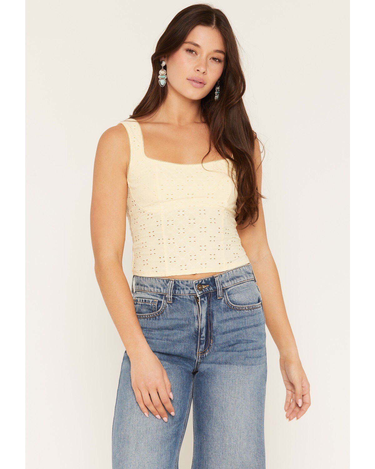 Ash & Violet Women's Solid Eyelet Sleeveless Tank Top, Yellow, hi-res