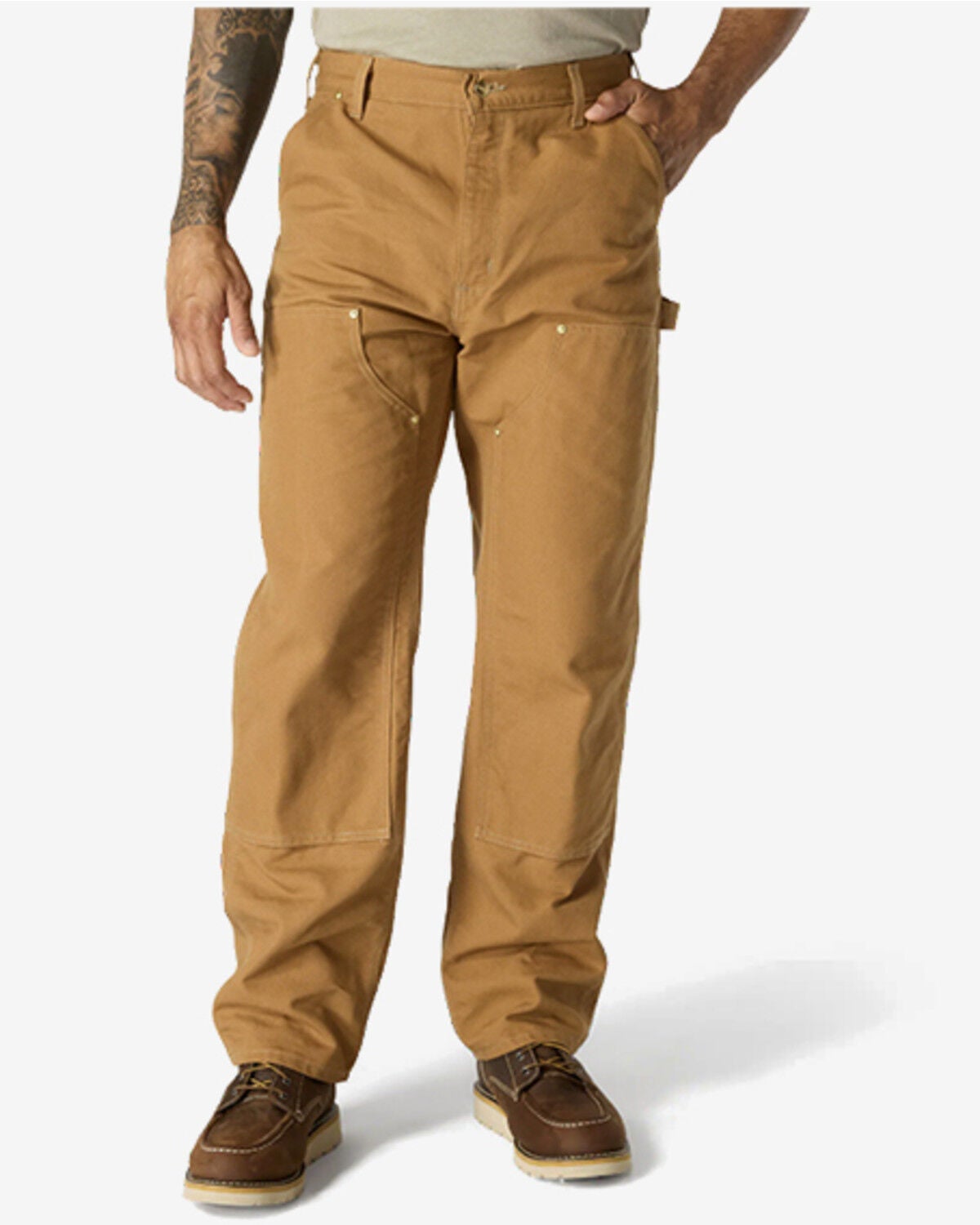 Carhartt Men's Iconic B01 Firm Duck Double-Front Dungaree Work Pants, Brown, hi-res