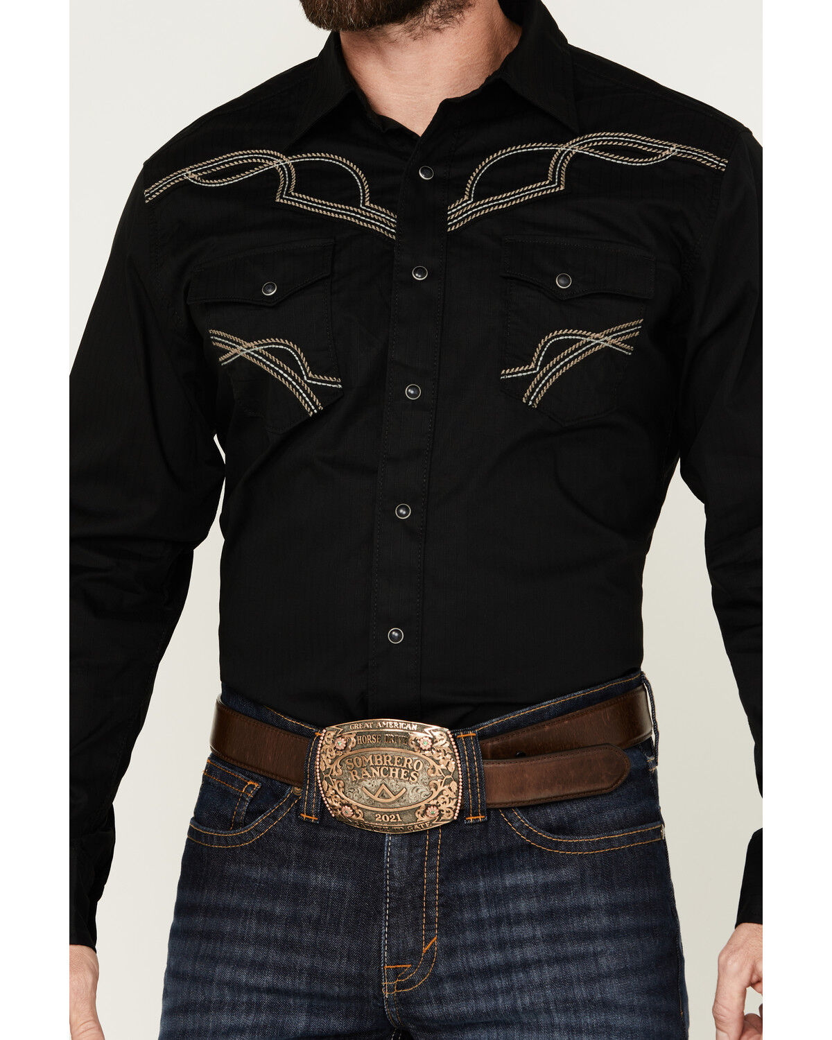 Image #3 - Rock 47 by Wrangler Men's Long Sleeve Embroidered Snap Western Shirt, Black, hi-res