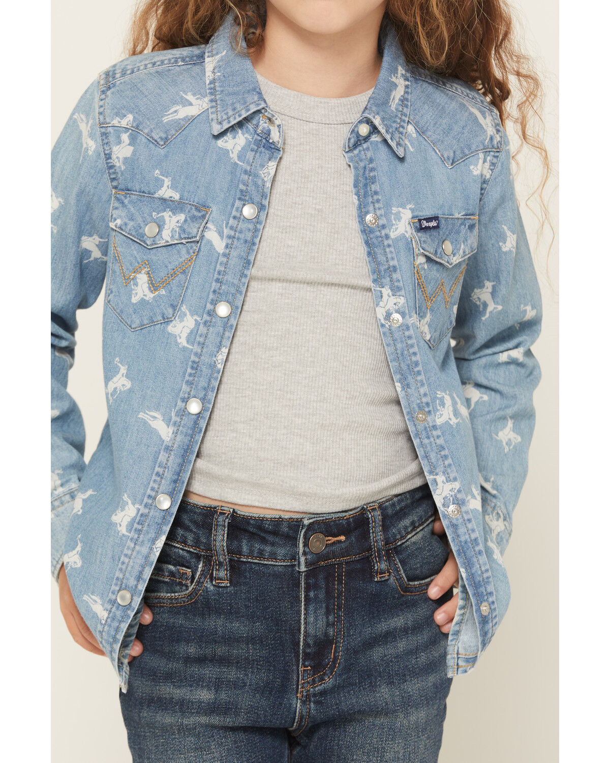 Image #3 - Wrangler Girls' Conversation Print Long Sleeve Snap Denim Western Shirt, Blue, hi-res