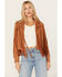 Image #1 - Blue B Women's Studded Fringe Faux Suede Jacket, Camel, hi-res