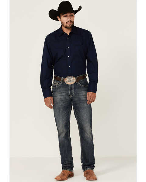 Image #2 - Roper Men's Solid Embroidered Yoke Long Sleeve Pearl Snap Western Shirt , Blue, hi-res