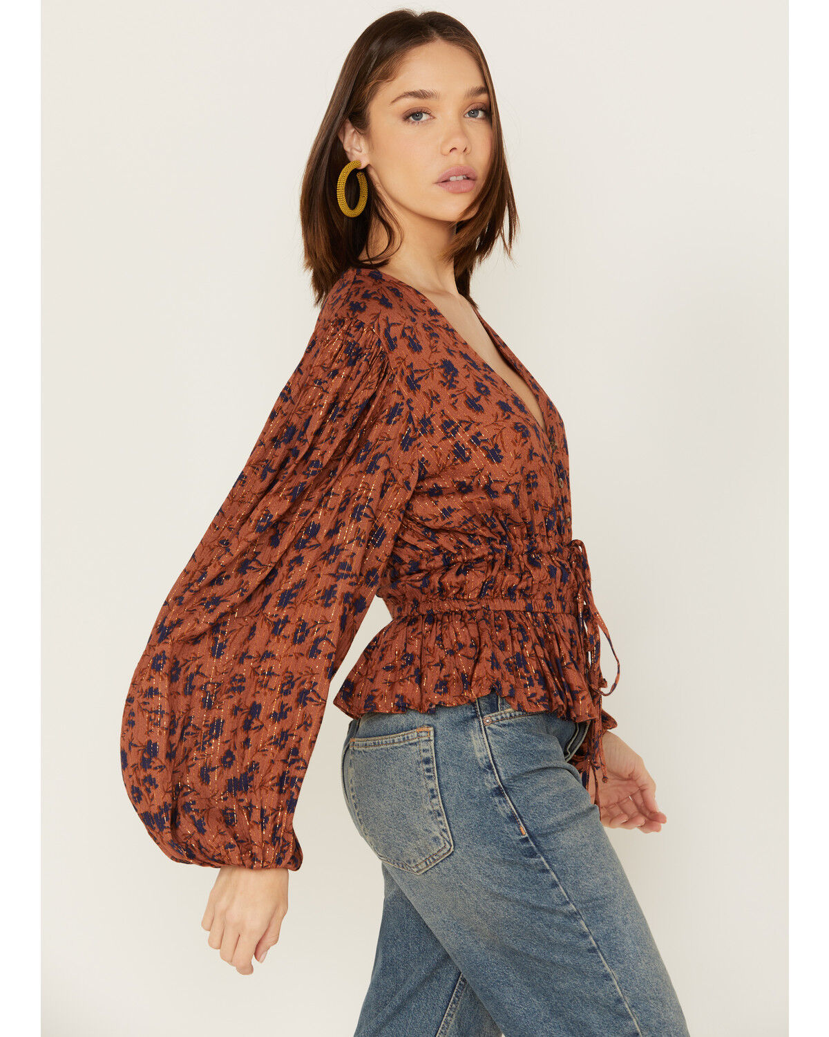 Image #2 - Jen's Pirate Booty Women's Floral Print Long Sleeve Wildflower Tarot Top, Rust Copper, hi-res