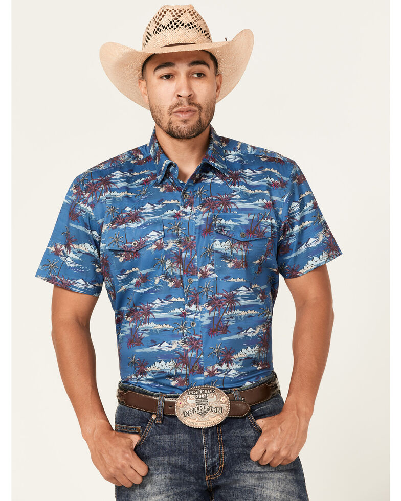 Ariat Men's VentTek Island Print Short Sleeve Button-Down Western Shirt , Blue, hi-res