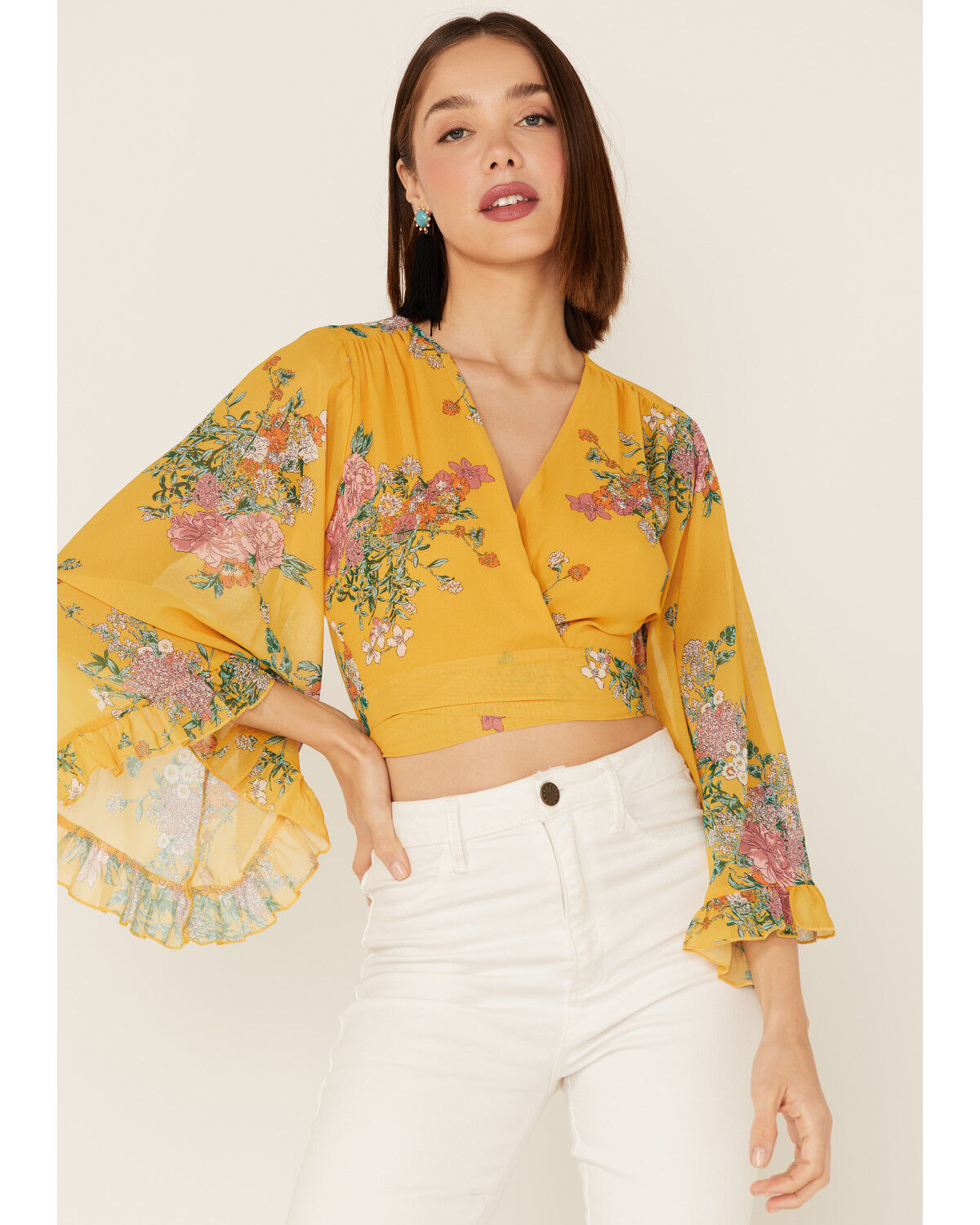 Image #1 - Smak Parlour Women's Floral Print Bell Sleeve Wrap Crop Top, , hi-res